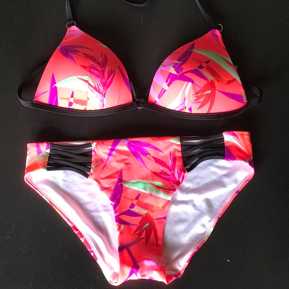PINK Neon Floral Print Triangle Top&Bikini Bottom